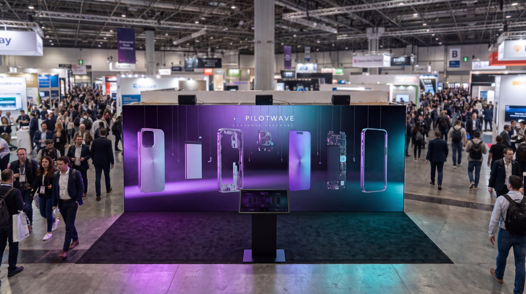 The booth on a show floor, running a consumer-tech brand